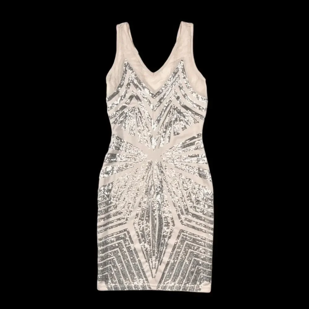 Eden Metallic Foil Sequin Tan/Silver Beaded Mini Dress | Size XS